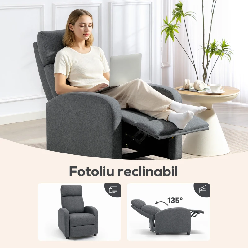 HOMCOM Fotoliu Relax Capitovat și Reclinabil la 135° cu Suport pentru Picioare din Material Textil, 69x87x100,5 cm, Gri