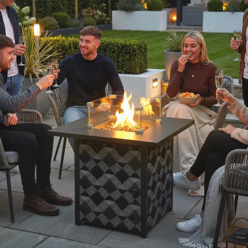 Outsunny Square Propane Gas Fire Pit Table,12 KW Firepit Outdoor Patio Heater with Glass Wind Guard, Lava Rocks, Gas Tank Holder