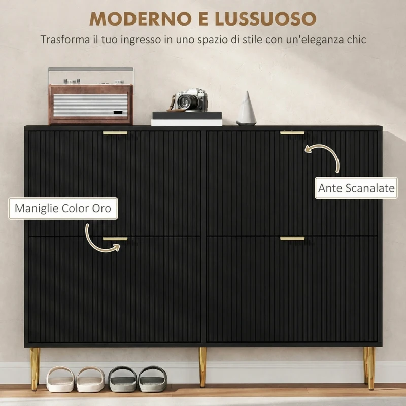HOMCOM Scarpiera Slim per 20 Paia di Scarpe con 4 Cassetti a Ribalta e Ripiani Regolabili, 105x24x91.5 cm, Nero