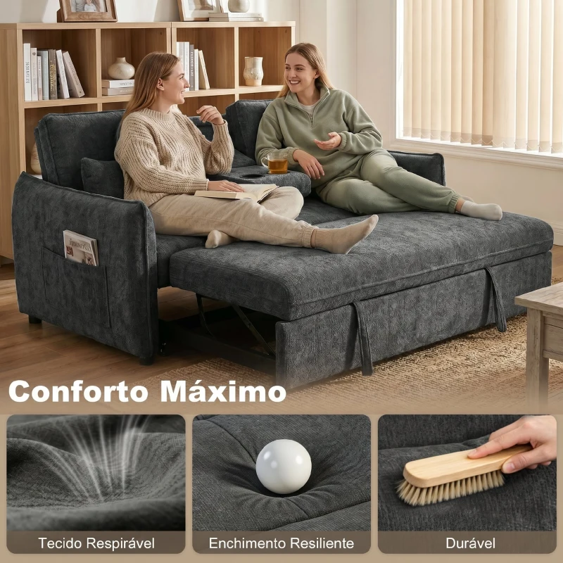 HOMCOM Sofá-Cama 2 Lugares 3 em 1 com Mesa Auxiliar Porta-Copos Encosto Ajustável Bolsos Laterais 2 Almofadas Cinzento Escuro