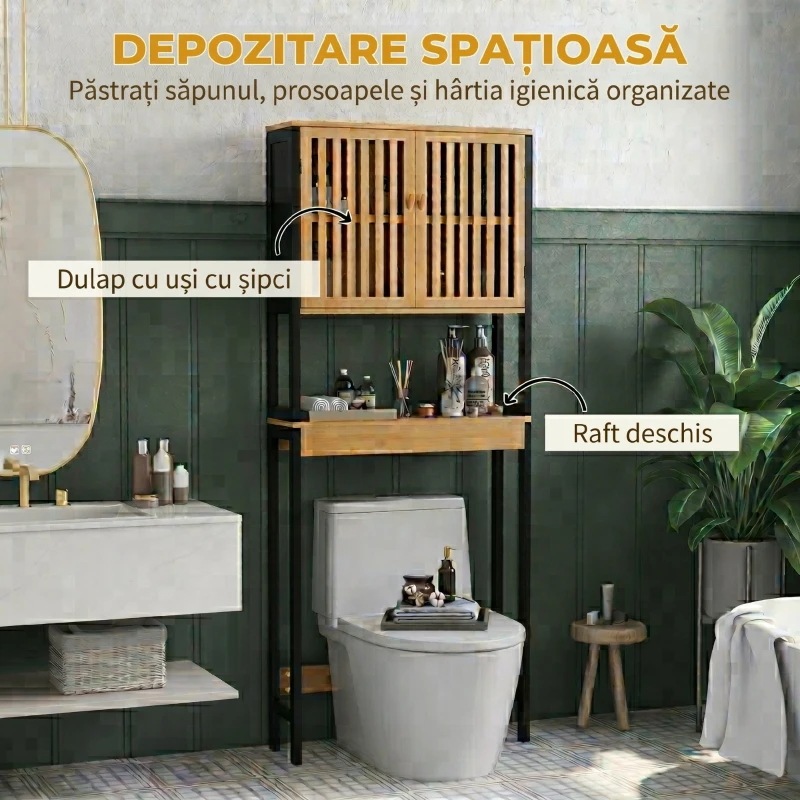 HOMCOM Mobilă deasupra WC-ului cu dulap 2 uși cu șipci și raft deschis, 60x21,5x172cm, culoare lemn