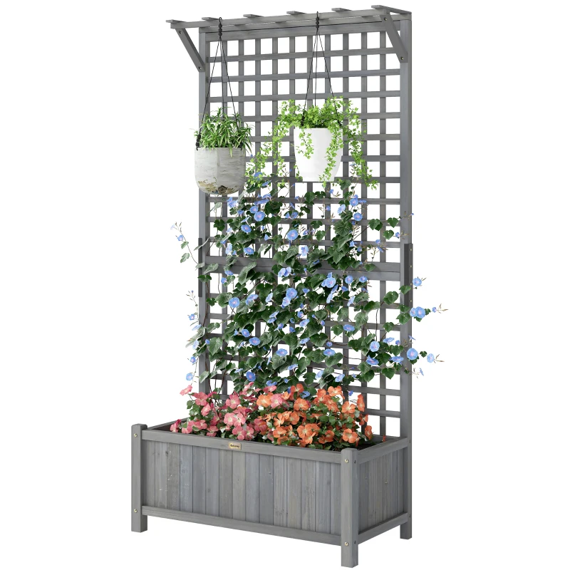 Outsunny Hochbeet mit Spalier und Dach, Pflanzkasten, Blumenbeet, wetterfest, Holz, 90 x 45 x 183 cm, Dunkelgrau