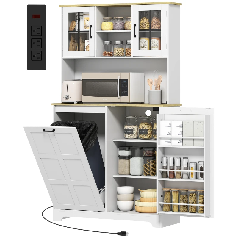HOMCOM 175cm Tall Kitchen Cabinet, Kitchen Cupboard with Rubbish Bin Cabinet, 3 Door Shelves and 2 Acrylic Doors, White