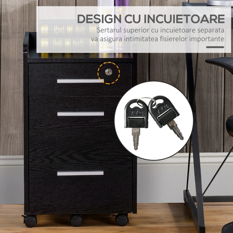 HOMCOM Dulap Portadocumente din Lemn cu 3 Sertare cu Chei de Securitate și 5 Roți, 39.2x40x65.4 cm, Negru
