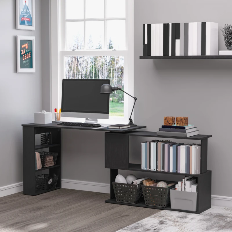 HOMCOM Escritorio en L con Estantería Mesa de Escritorio con Estantes para Oficina Estudio 120x110x74,5 cm Negro