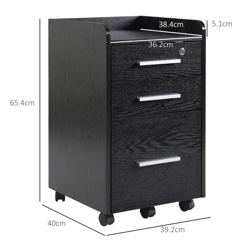 HOMCOM Dulap Portadocumente din Lemn cu 3 Sertare cu Chei de Securitate și 5 Roți, 39.2x40x65.4 cm, Negru