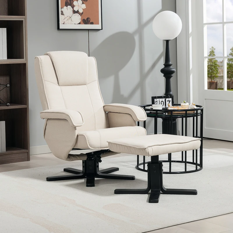 HOMCOM Sillón Relax Reclinable con Reposapiés Giratoria Tapizado en Lino con Base de Madera Beige