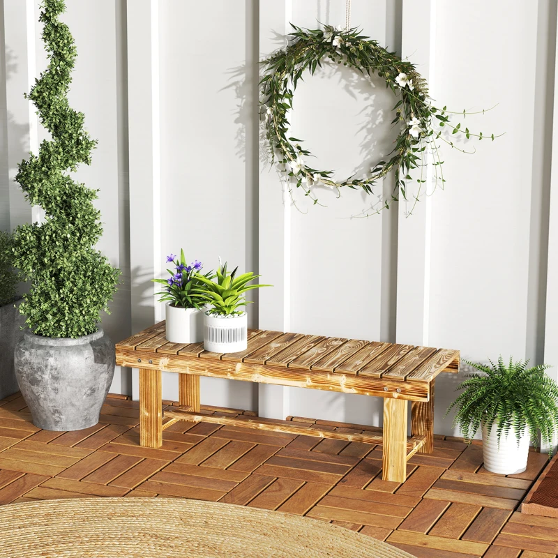 Outsunny Wooden Garden Bench, 2 Seater Outdoor Bench, Fir Wood Backless Patio Loveseat with Slatted Seat for Park, 110 x 38 x 35 cm, Carbonised