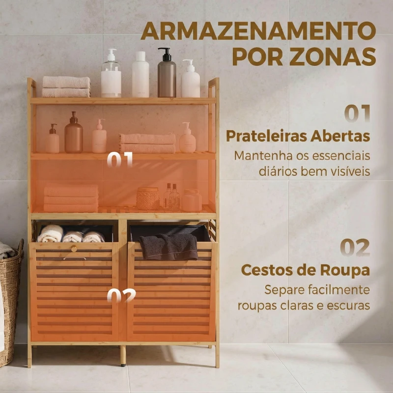 HOMCOM Móvel para Roupa Suja em Bambu com 2 Cestos Inclináveis de 38,7 L e 3 Prateleiras, 80x30x118 cm, Carvalho