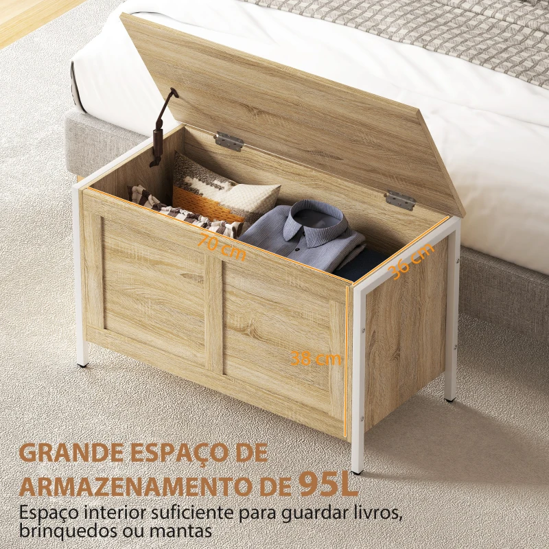 HOMCOM Baú de Armazenamento 95L Baú de Arrumação com Tampa Banco de Armazenamento com Dobradiça de Segurança 80x40x50 cm Madeira