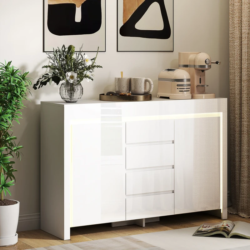HOMCOM Buffet salon, meuble de rangement avec éclairage LED 4 tiroirs portes à fermeture douce 120 x 34 x 80 cm, blanc brillant