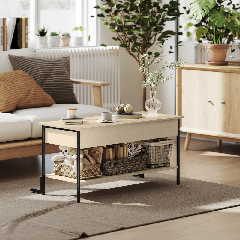 HOMCOM Table basse avec plateau relevable, table de salon avec compartiment caché et étagère ouverte, 95x40x59cm, bois naturel