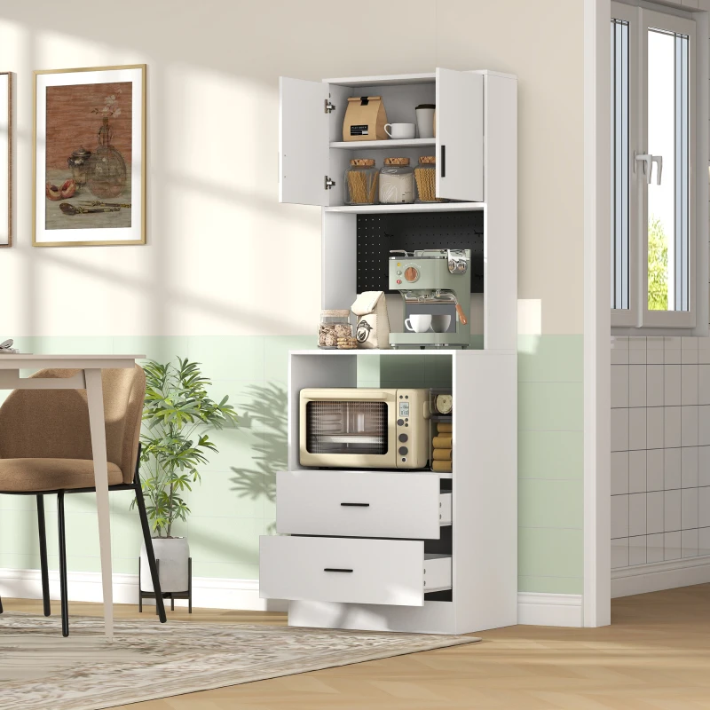 HOMCOM Mueble Auxiliar de Cocina con Soporte para Microondas 2 Cajones 2 Puertas y Panel Perforado de Metal Blanco