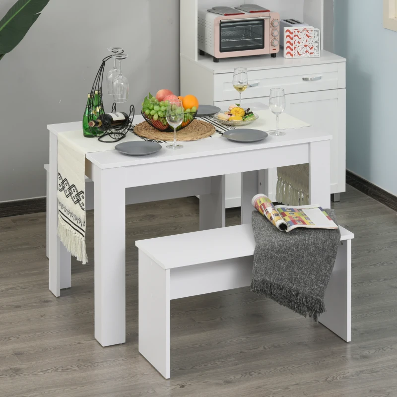 HOMCOM Essgruppe mit 2 Bänken, 3-teilige Esszimmergruppe, Küchentisch, Esszimmergarnitur Sitzgruppe Tischgruppe, Weiß, 110x70x75 cm (Tisch), 86x30x44,8 cm (Bank)
