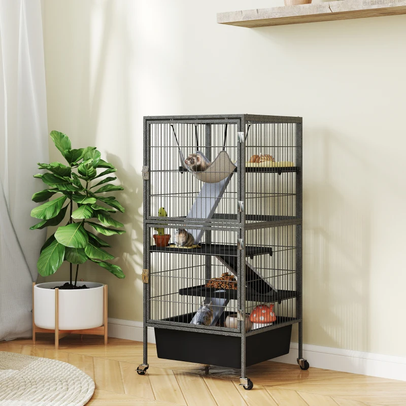 PawHut Gaiola para pequenos animais 4 andares com bandeja elevável Rampas Rede Rodízios Plataformas 52x52x115 cm Cinza