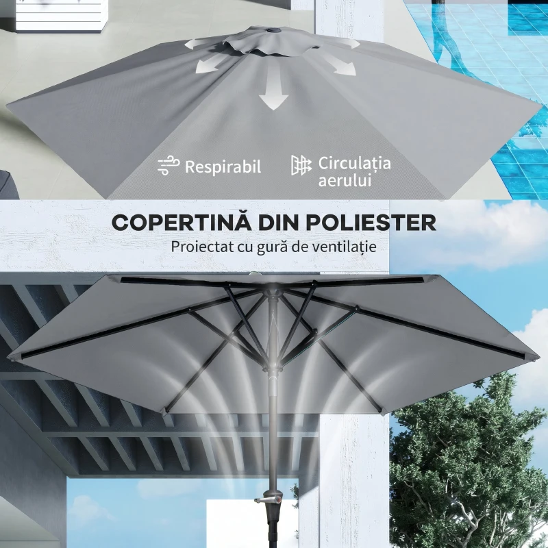 Outsunny Umbrelă de grădină înclinabilă, 2.3x2m, cu deschidere cu manivelă și 6 spițe, gri