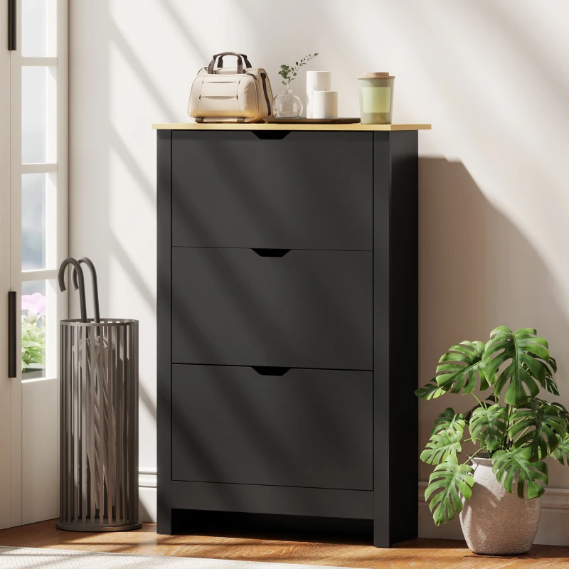 HOMCOM Armoire à Chaussures 3 Portes abattantes 2 Compartiments Panneaux Particules noir chêne