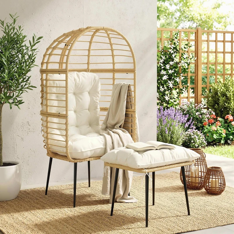 Outsunny Gartensessel mit Hocker PE Rattan Ei-Form Korbsessel mit langen & dicken Kissen Metallrahmen Beige