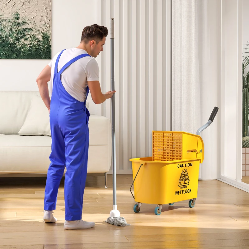 HOMCOM Găleată Profesională pentru Spălat Podele 20L cu Mop, Stoarcător, Roți și Mâner, 45x26,5x70 cm, Galben