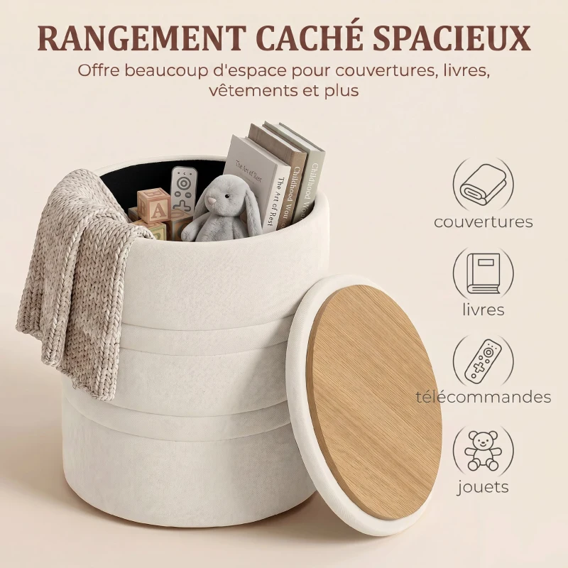 HOMCOM Pouf de Rangement en Chenille avec Couvercle, Tabouret Rond pour Salon et Chambre, Beige