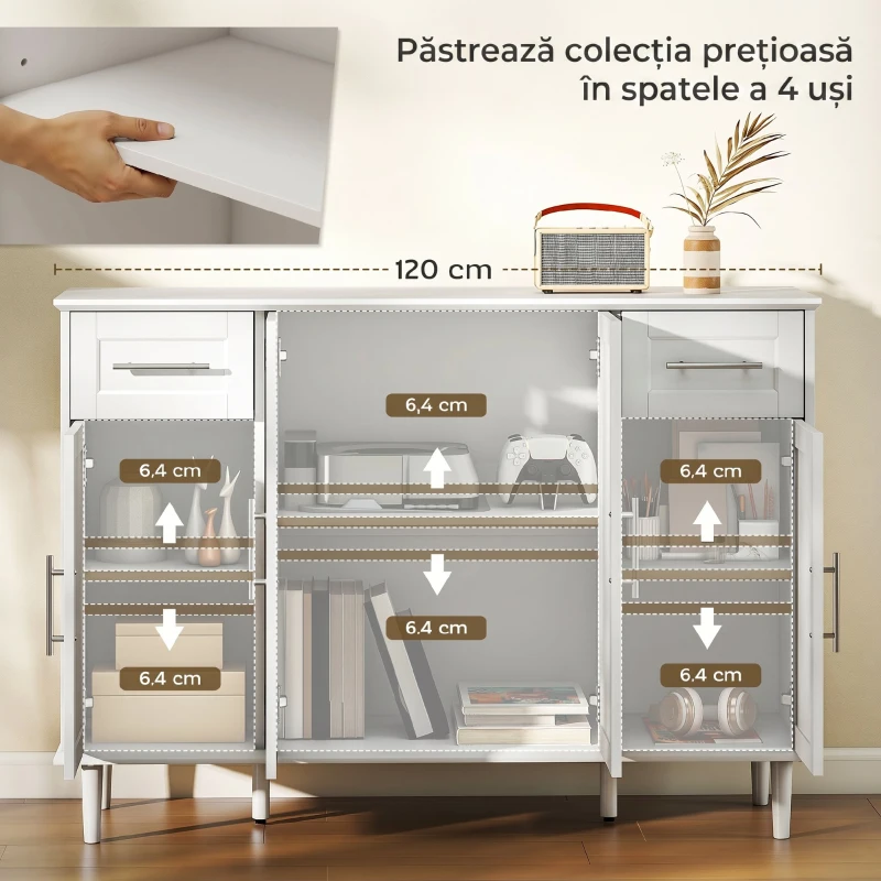 HOMCOM Comodă Buffet Elegantă cu 2 Sertare și 3 Dulapuri cu Rafturi Reglabile, din Lemn, 120x38x86 cm, Alb