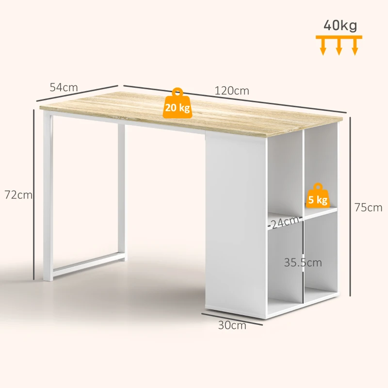 HOMCOM Birou pentru computer, economisire spațiu, cu 4 rafturi deschise, din lemn și oțel, 120x54x75 cm, alb și stejar