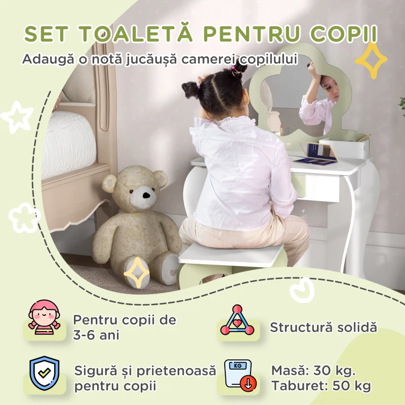 ZONEKIZ Set masă de toaletă pentru fetițe cu oglindă și scaun asortat din lemn, sertar și spații de depozitare, alb