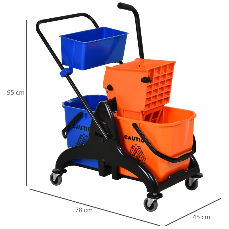 HOMCOM Cărucior Profesional de Curățenie cu 2 Găleți de 26L, Cărucior cu Presă, Mâner și 4 Roți Universale, pentru Hotel, Casă, Birou, 78x45x95 cm, Portocaliu și Albastru