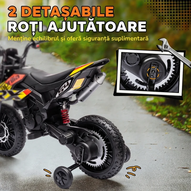 AIYAPLAY Motocicletă Electrică pentru Copii 3-8 Ani, 2 Motoare 12V, Roți Ajutătoare Detașabile, 30 kg, Galben