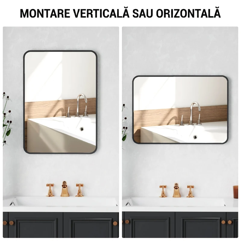 HOMCOM Oglindă de baie cu ramă metalică și agățătoare, 50x2.5x70 cm, negru