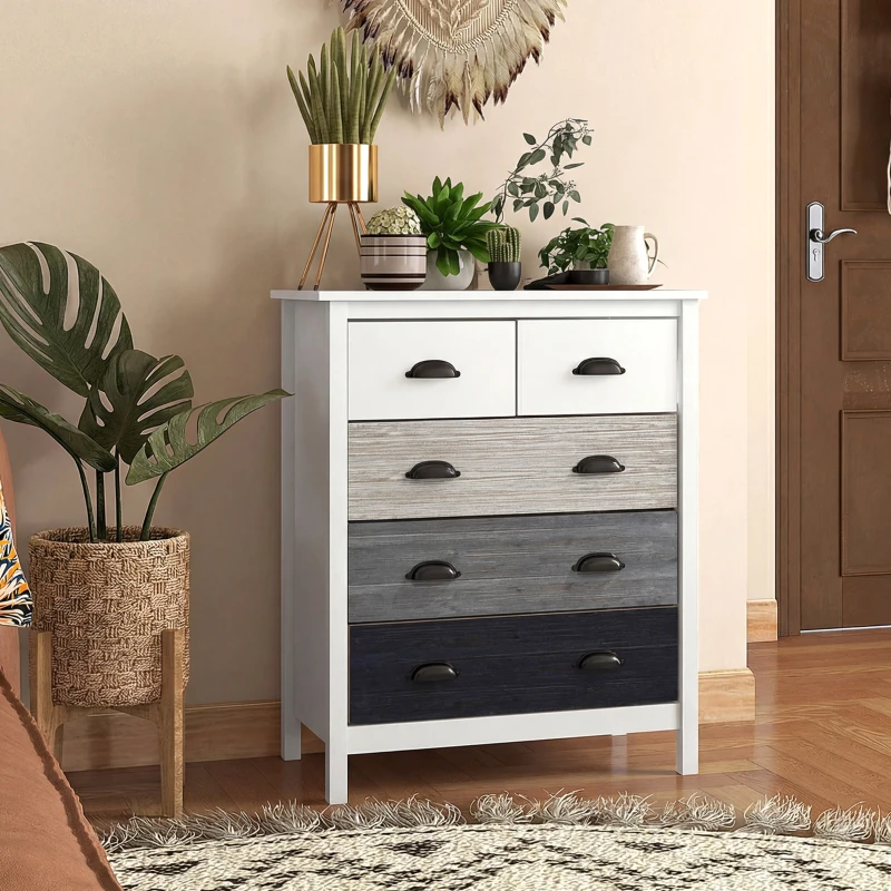 HOMCOM Sideboard, Kommode, 5 Schubladen, lackierte Oberfläche, MDF & Kiefernholz, 70 x 38 x 85 cm, Weiß