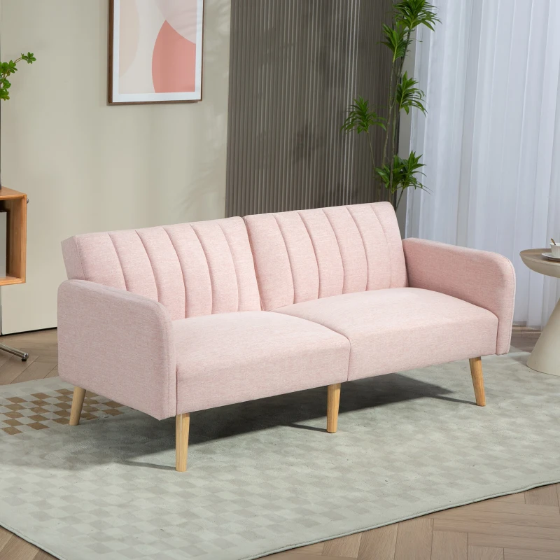 HOMCOM Canapé Convertible 2 Places Design scandinave Dossier inclinable 3 Positions Pieds Bois Tissu Aspect Lin Rose
