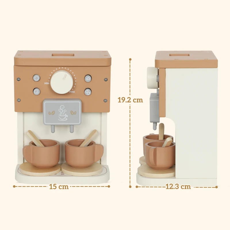 AIYAPLAY Set Mașină de Cafea din Lemn pentru Copii de la 3 Ani cu Accesorii, Maro