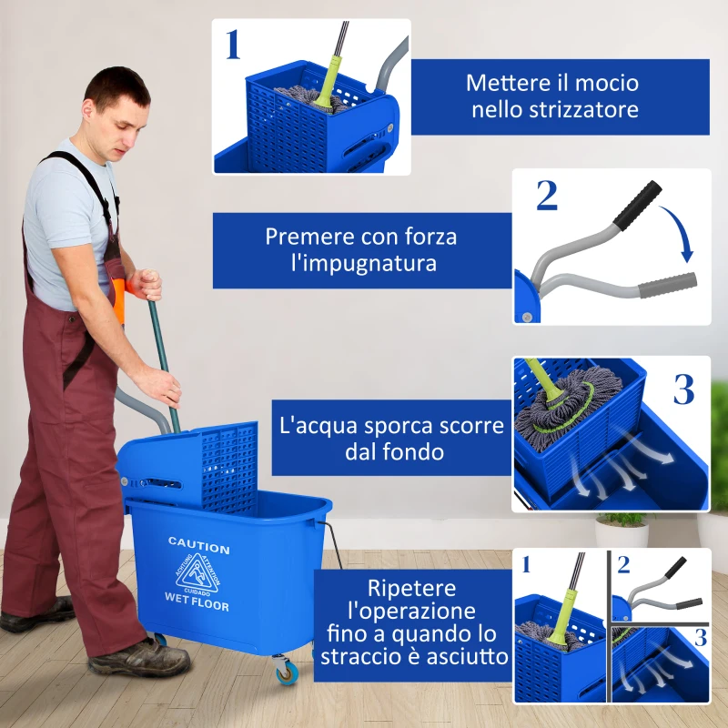HOMCOM Carrello per Pulizie in Plastica PP da 20L con Secchio e Strizzatore, 60x27x70.5 cm, Blu