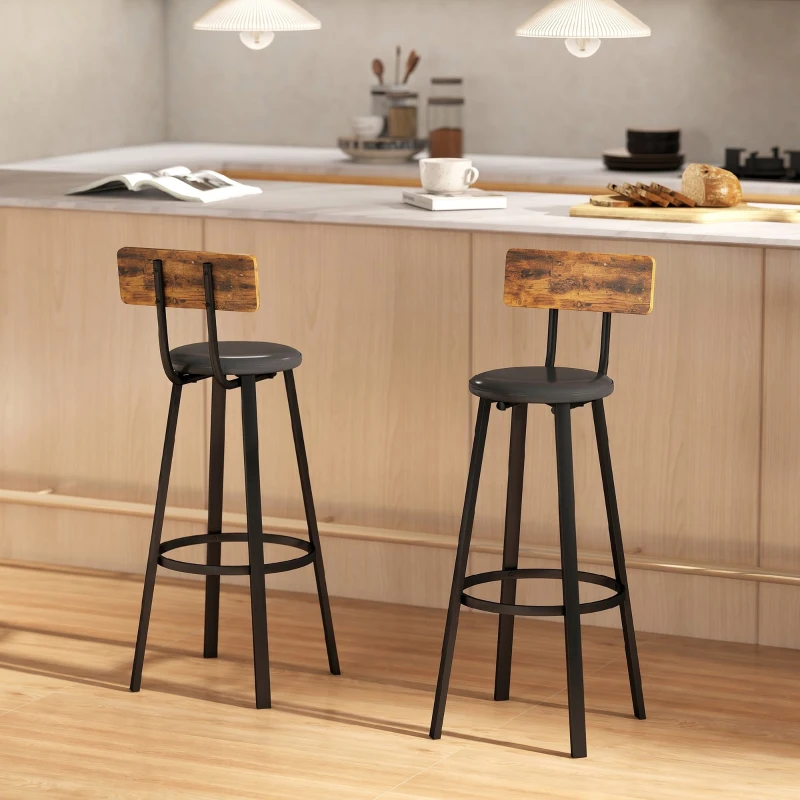HOMCOM Set 2 Scaune de Bar în Stil Industrial cu Spătar, Șezut din Piele Ecologică și Suport pentru Picioare, Maro Rustic
