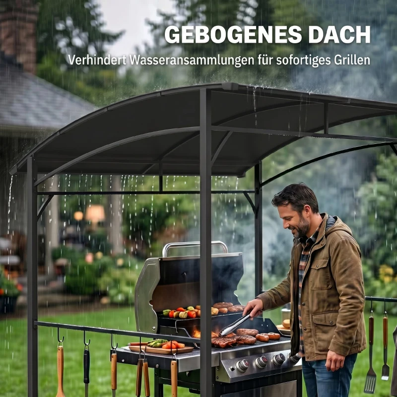 Outsunny Grillpavillon, Grillüberdachung, Regenschutz, Haken für Utensilien, Stahlrahmen, Dunkelgrau, 215 x 150 x 182/220 cm