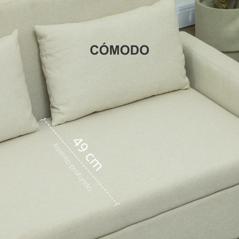 HOMCOM Sofá de 2 Plazas Tapizado en Lino Sintético con Espacio de Almacenaje 2 Almohadas y Patas de Madera 135x71x84 cm Beige