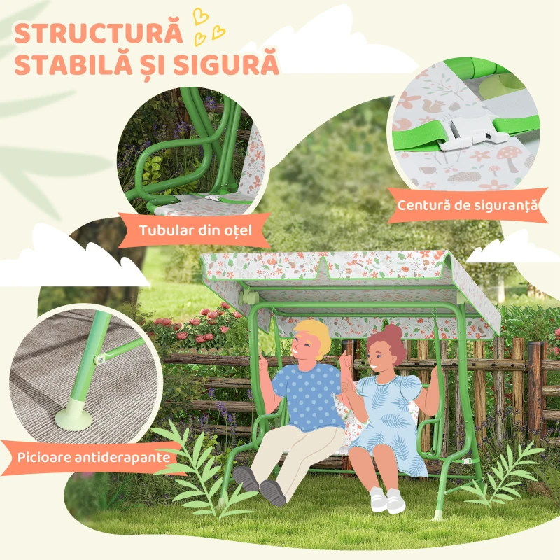 AIYAPLAY Balansoar pentru Copii de Exterior cu 2 Locuri cu Copertină Reglabilă și Centuri de Siguranță, 112x75x120 cm, Verde