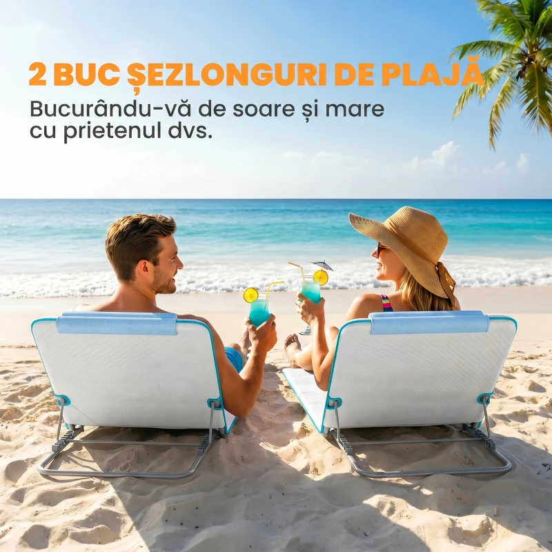 Outsunny Set 2 Șezlonguri de Soare Pliabile cu Spătar Reglabil și Geantă, 48x134x36-45 cm, Bej