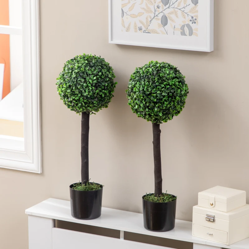 HOMCOM Lot de 2 plantes boules de buis artificiel avec tronc et pot inclus - hauteur 60 cm