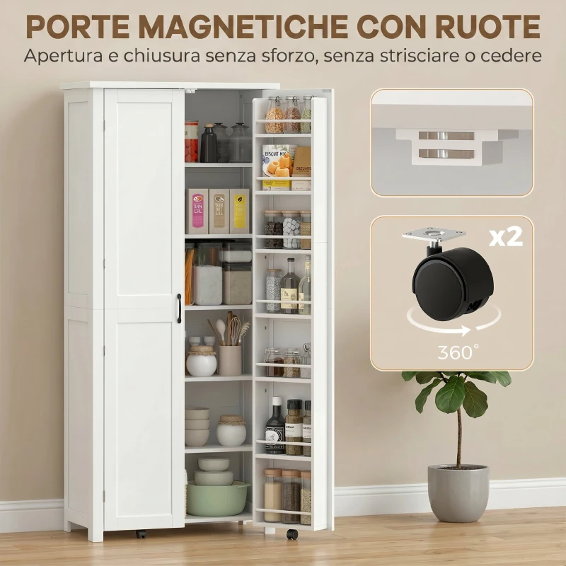 HOMCOM Mobile Cucina Alto con Ruote, 2 Ante, 14 Scomparti, 80x40x180 cm, Bianco