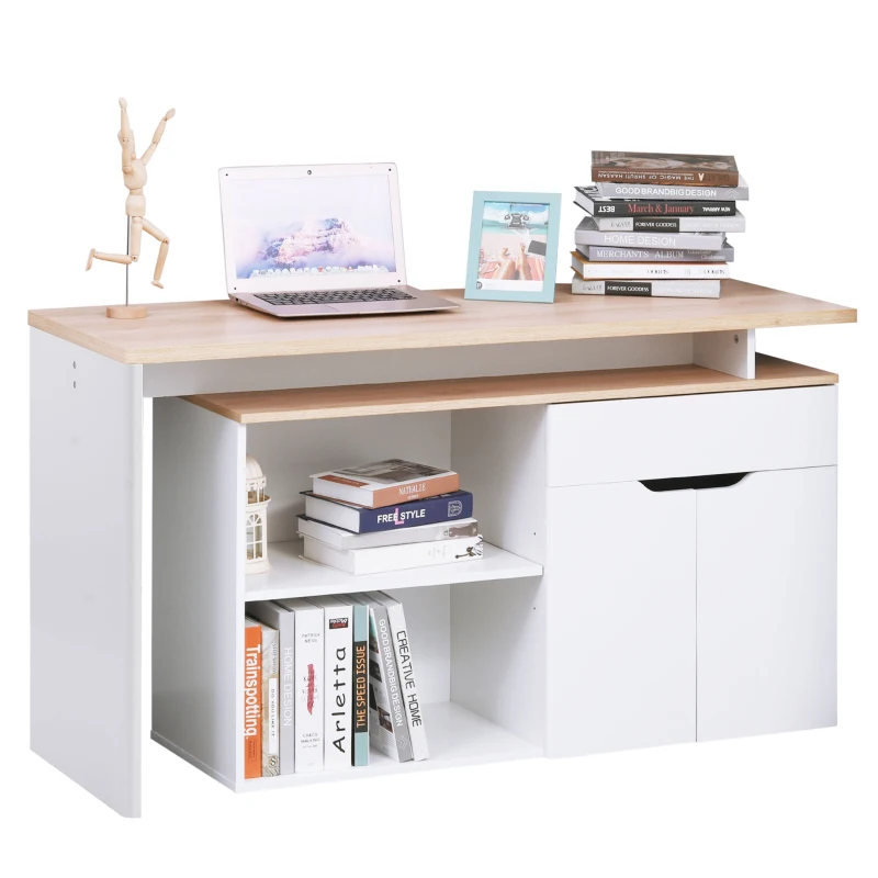 HOMCOM Birou Colțar cu Bibliotecă cu 2 Etajere, Dulap și Sertar, 140x117x76 cm, Culoare Lemn și Alb(m-12)