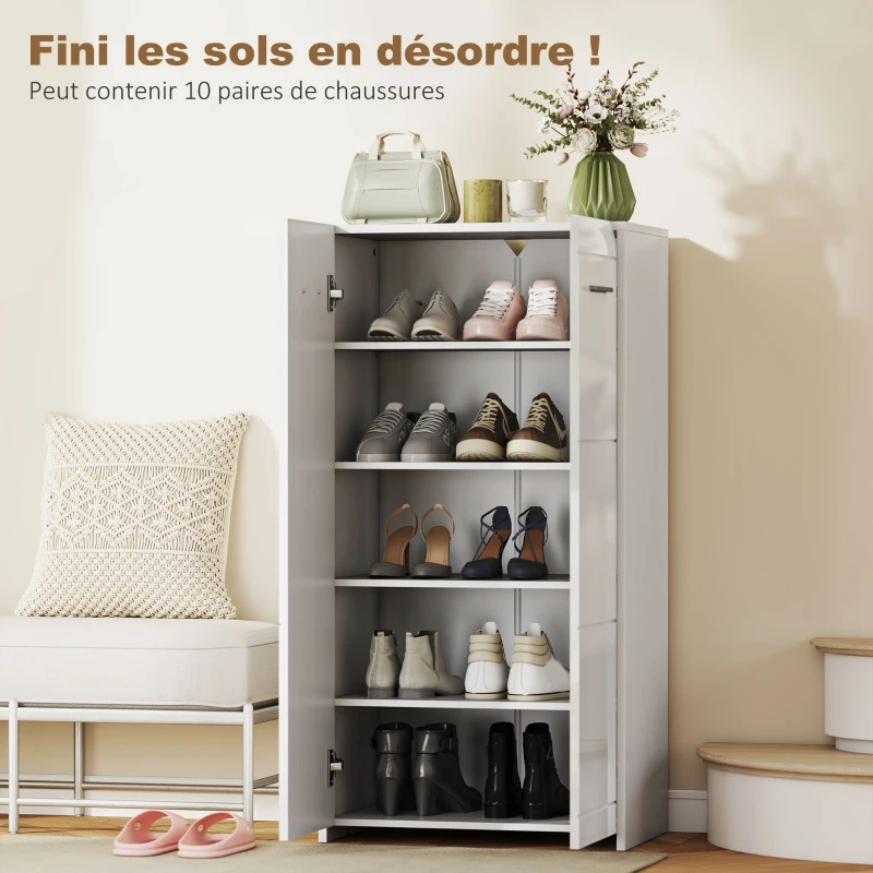 HOMCOM Meuble à chaussures 10 paires, armoire à chaussures à haute brillance 5 niveaux, étagères réglables, 55x36x108cm, blanc