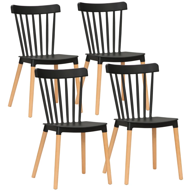 HOMCOM Conjunto de 4 Cadeiras Estilo Nórdico com Encosto Alto e Pés de Madeira de Faia 48x52,5x83cm Preto e Madeira