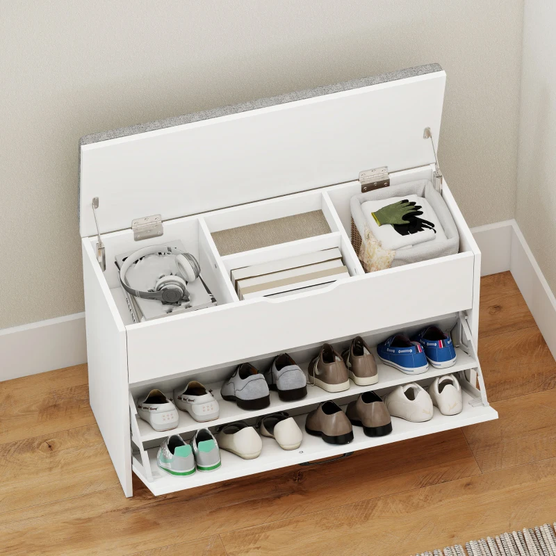 HOMCOM Panca Scarpiera con Cassetto Ribaltabile e Contenitore, Capacità 6 Paia di Scarpe, 80x30x55 cm, Bianco