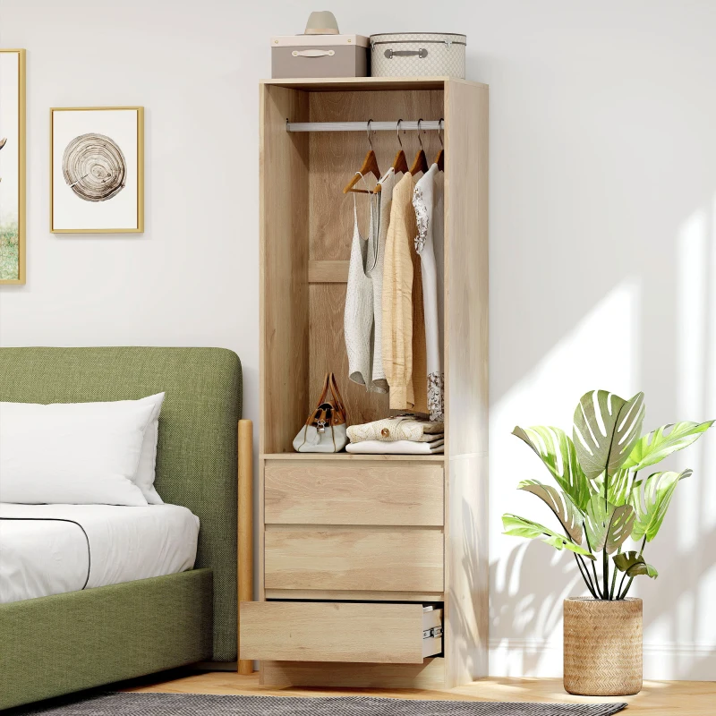 HOMCOM Dulap Garderobă cu Bară pentru Umerașe, Raft Deschis și 3 Sertare, din Lemn, 60x48,5x185 cm, culoare Teak(m-10)