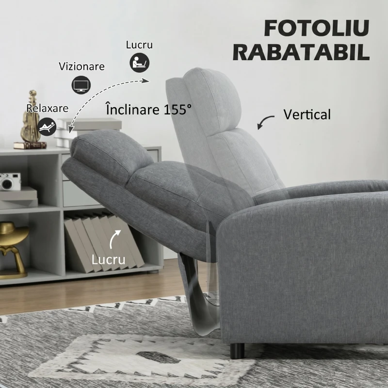 HOMCOM Fotoliu Reclinabil 155° max cu Tapițerie din Material Textil cu Aspect de In, Gri, și Suport pentru Picioare, 67x87x98 cm