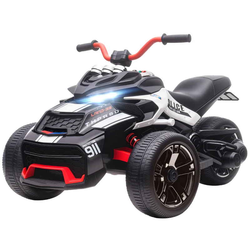 AIYAPLAY Quadricilo Elétrico para Crianças 12V com 2 Motores Velocidade até 5 km/h 3 Rodas Faróis Buzina Música 113x74x63 cm Preto e Branco
