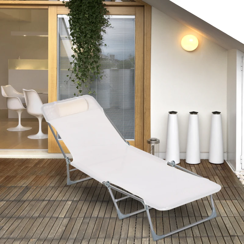 Outsunny Șezlong Pliabil cu Spătar Reglabil în 5 Poziții și Pernă, Șezlong de Grădină cu Material Textil Respirabil, pentru Plajă, Piscină, Grădină, 182x56x28 cm, Crem