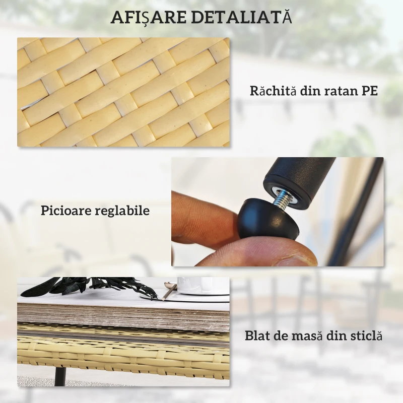 Outsunny Set de Grădină 4 Piese din Ratan PE cu Măsuță de Exterior 90x45x42 cm și 2 Canapele pentru Exterior 63x74 cm, Alb Crem(m-6)